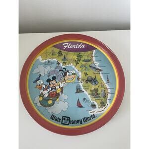 Vintage Walt Disney World Florida Tin Souvenir Colorful Plate Art 10 3/4"